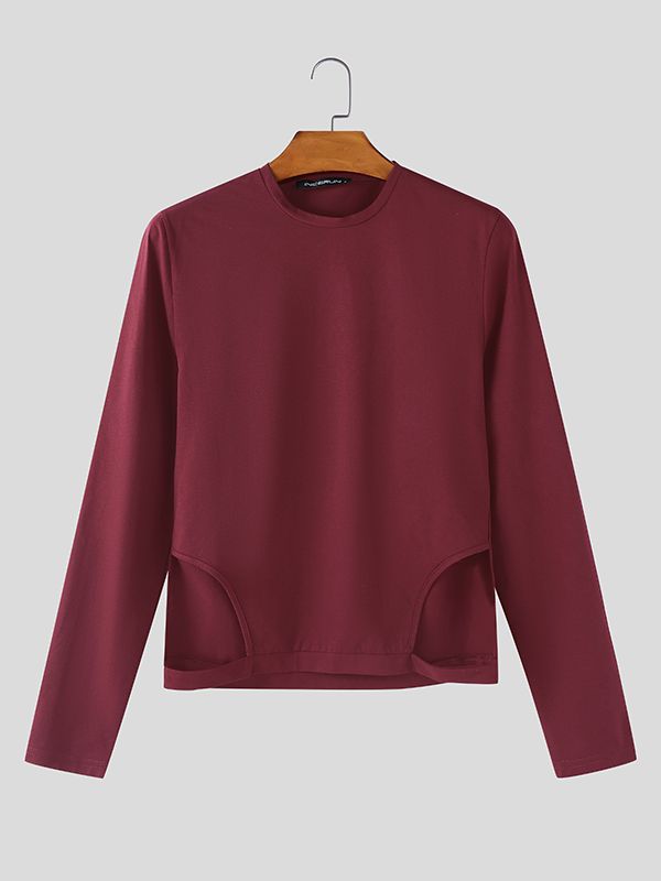 Men's Solid Color Side Cutout Long Sleeve T-shirt SKUL46515