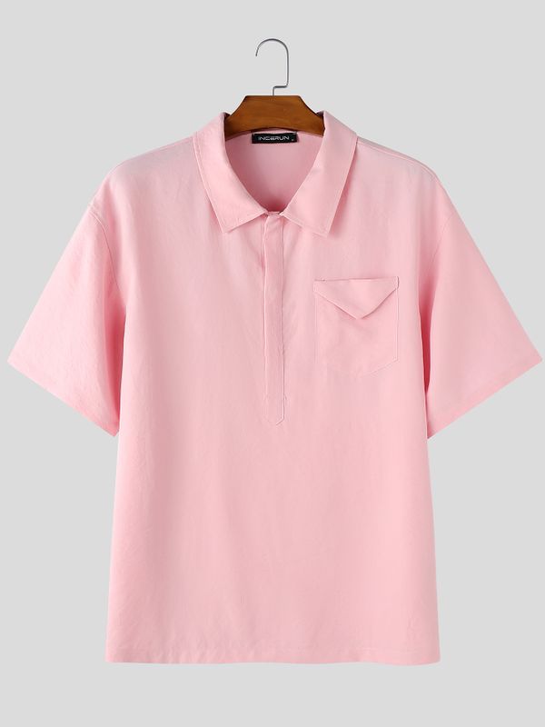 Men's Minimalist Crinkle Texture Chest Pocket Turn Down Collar Short Sleeve Shirt SKUL75726