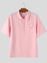 Men's Minimalist Crinkle Texture Chest Pocket Turn Down Collar Short Sleeve Shirt SKUL75726