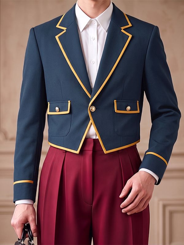 Men's Royal Vintage Evening Gala Contrast Piping Gold Button Cropped Blazer SKUL85520