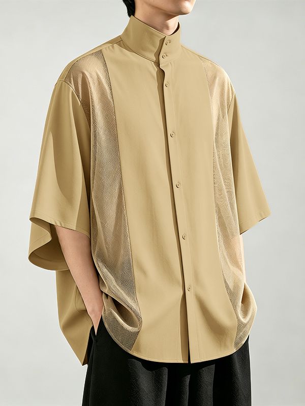 Men's Vintage Modern Chinese Mesh Patchwork Mandarin Collar Short Sleeve Shirt SKUL71303