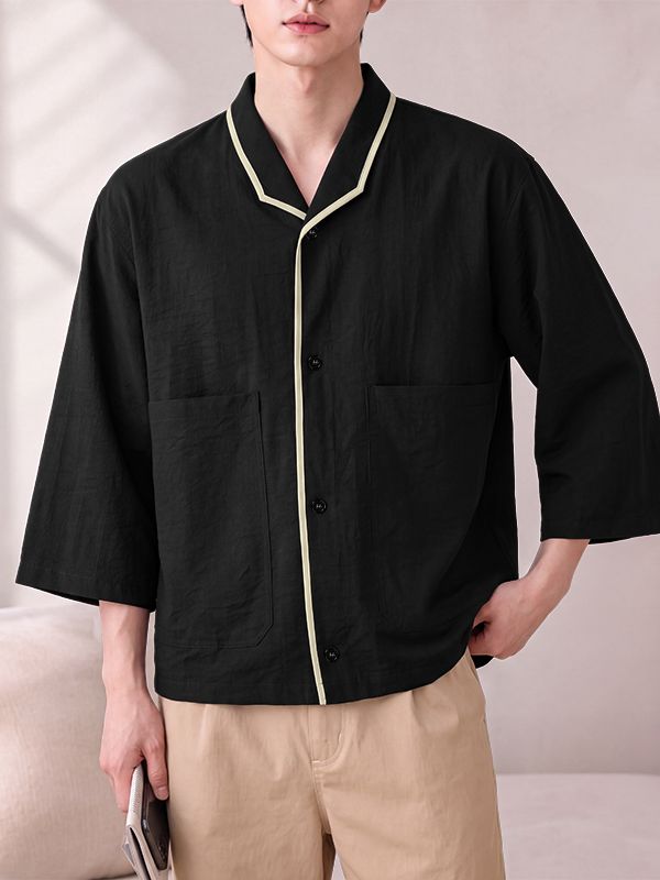 Men's Early Autumn Urban Casual Piped Edge Button Down Wide 3/4 Sleeve Lapel Collar Shirt SKUL81910
