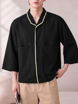 Men's Early Autumn Urban Casual Piped Edge Button Down Wide 3/4 Sleeve Lapel Collar Shirt SKUL81910