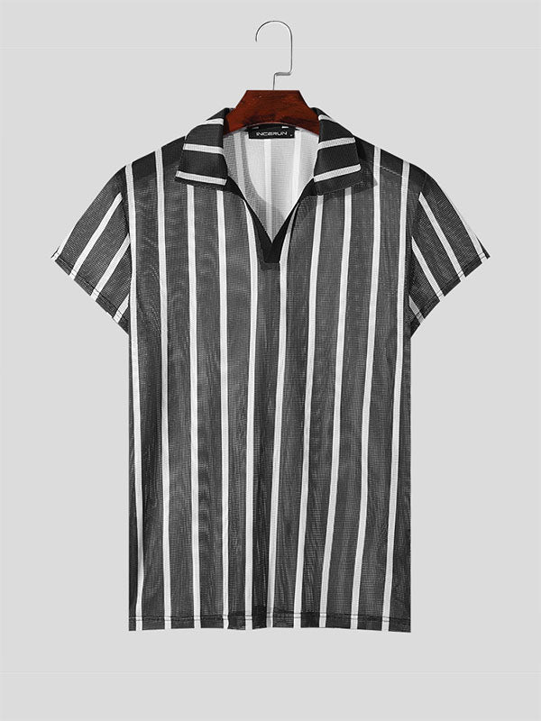 Mens Striped Mesh See Through Notched Neck Shirt SKUK54547