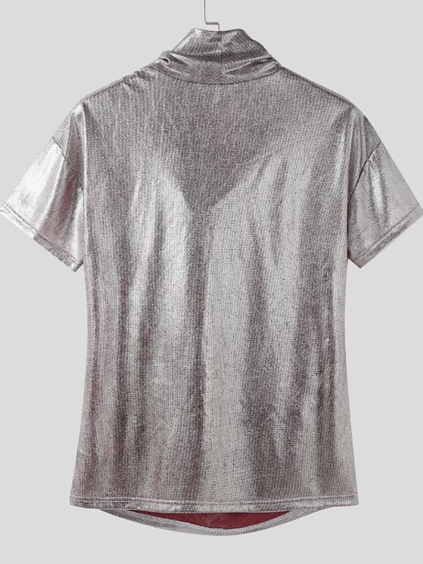 Men's Shiny Cowl Neck Short Sleeve T-Shirt SKUL40150