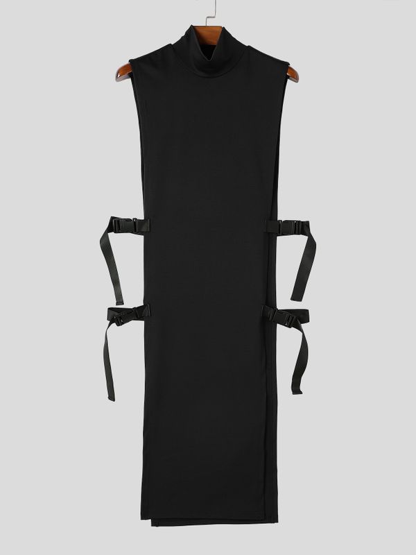 Men's Avant-Garde Darkwear Nightclub Party Side Buckle Strap High-Slit Long-Line Tank SKUL85220