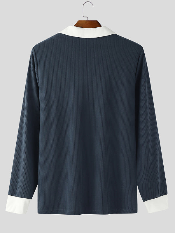 Men's Lace Patchwork Contrast Lapel Long Sleeve Shirt SKUL25985