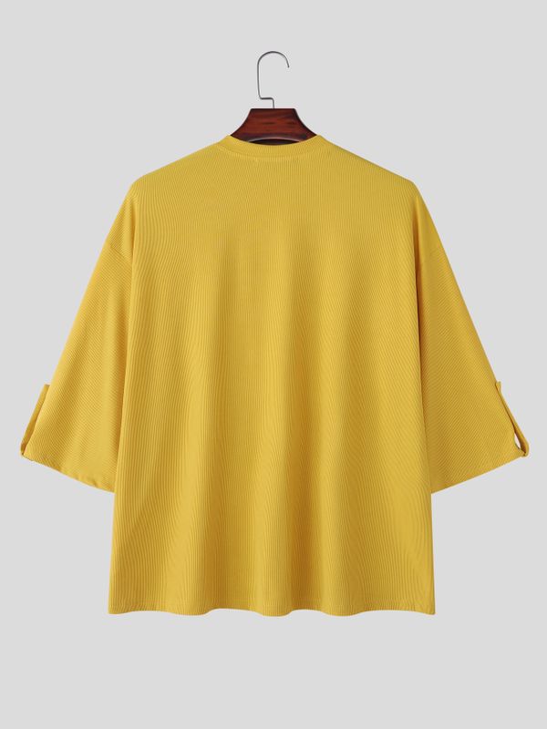 Men's Japanese Cityboy Ribbed Knit Texture Drop-Shoulder 3/4 Sleeve T-shirt SKUL74627