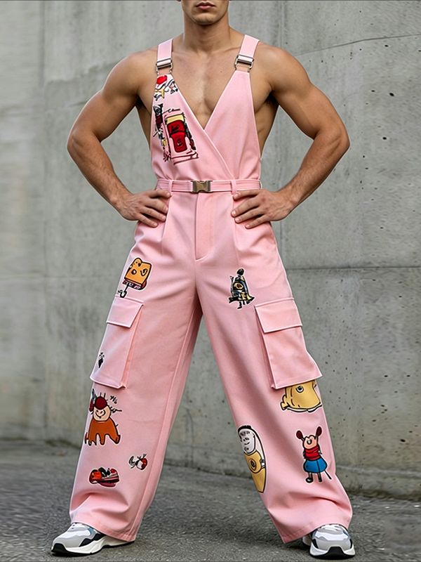 Men's Avant-Garde Cartoon Graphic Print Deep V-Neck Wide-Leg Cargo Jumpsuit SKUL65257
