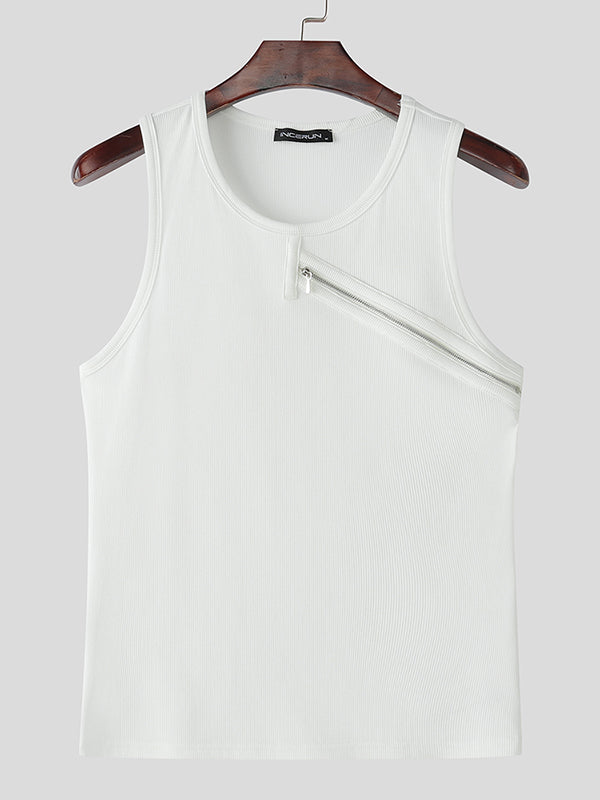 Mens Textured Asymmetrical Zip Sleeveless Tank SKUL01094