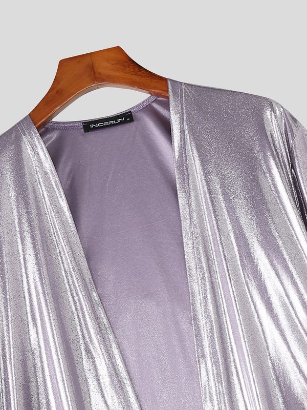 Men's Avant-Garde Liquid Metallic Gloss Front Tie Deep-V Deconstructed Cropped Kimono-Style Blazer SKUL63149