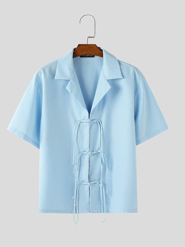 Mens Solid Color Lace-Up Short Sleeve Shirt SKUL09336