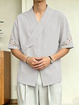 Men's Vintage Casual Floral PrintV Neck Short Sleeve Shirt SKUL61923