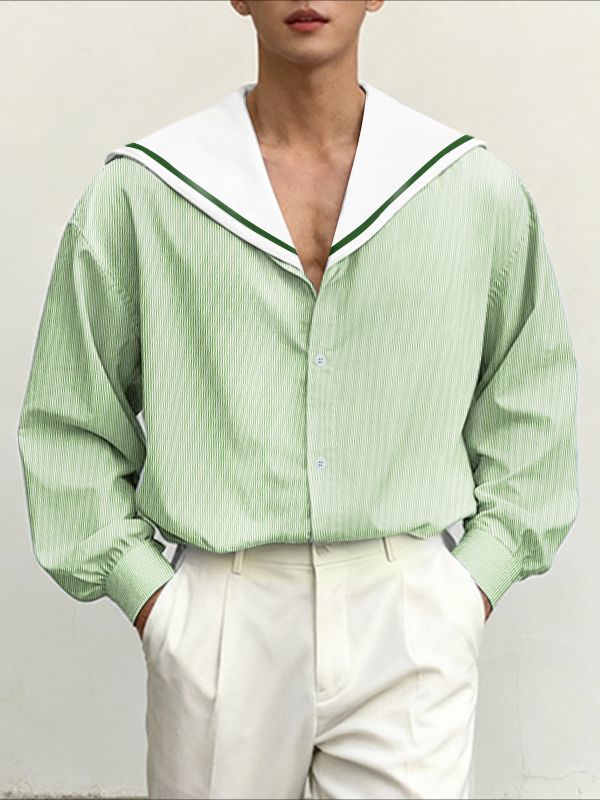 Men's Striped Sailor Collar Long Sleeve Shirt SKUL46537