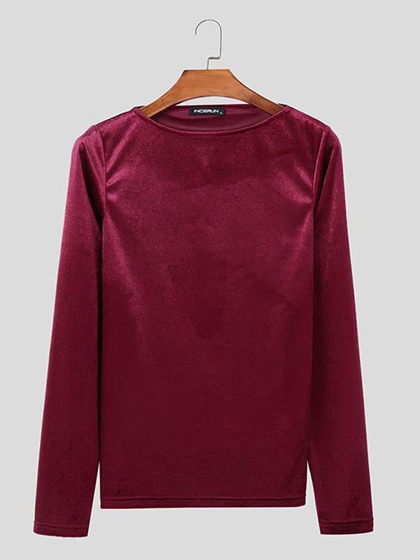 Mens Solid Color Velvet Long Sleeve T-Shirt SKUK97539