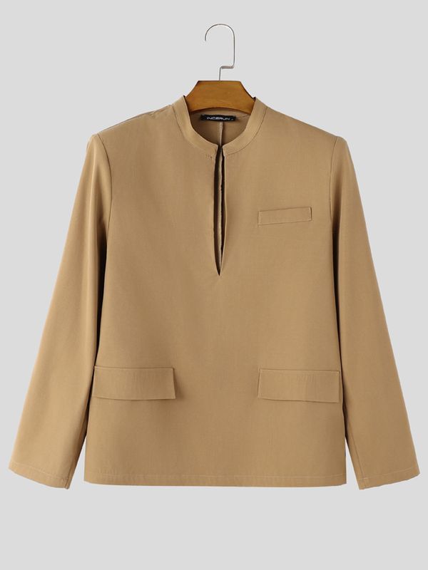 Men's Early Autumn Urban Casual Plunge V-Front Tailored Pocket Long Sleeve Blazer SKUL78165