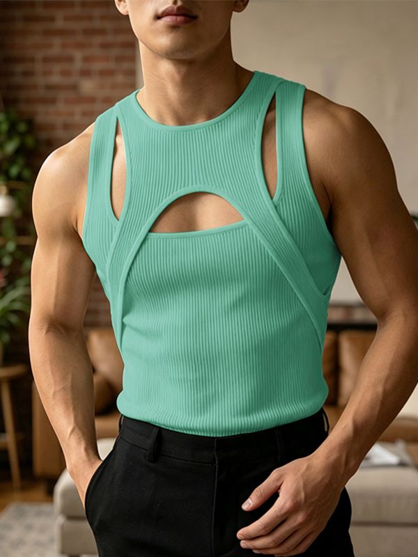 Men's Avant-Garde High-Street Aesthetic Deconstructed Multi-Cutout Ribbed Fitted Muscle Tank SKUL69231