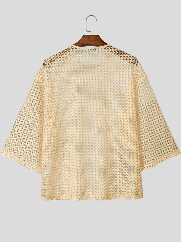 Men's Festival Fashion Crochet Hollow Out Oversized Dropped Shoulder Half Sleeve T-shirt SKUL55346