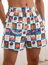 Men's Checkered Floral Print Ruffled Detail Elastic Waist Casual Short SKUL59798