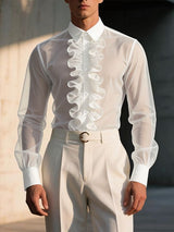 Men's Avant-Garde Romantic Sheer Mesh Ruffled Front Button-Down Shirt SKUL63169