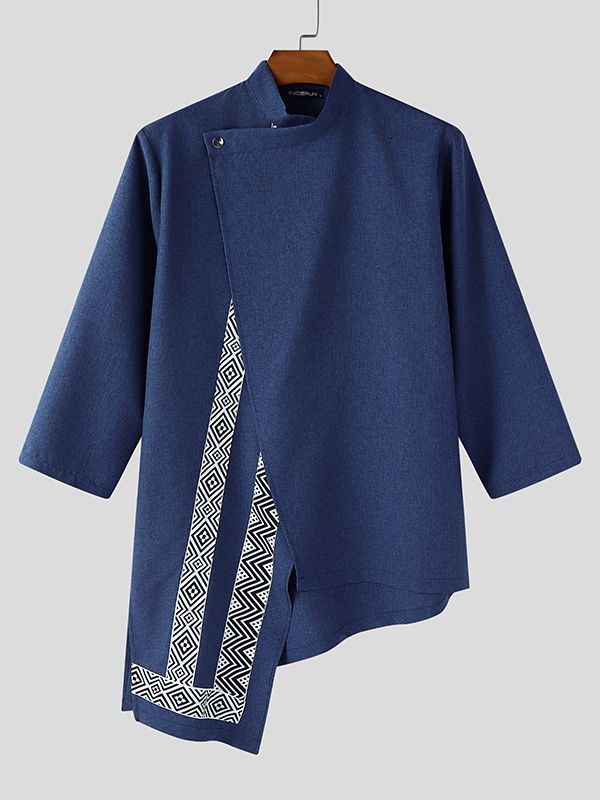 Men's Asymmetric Patchwork Stand Collar 3/4 Length Sleeve Shirt SKUL50560