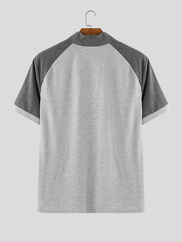 Men's Colorblock Half-Zip Stand Collar Short Sleeve T-Shirt SKUL25104