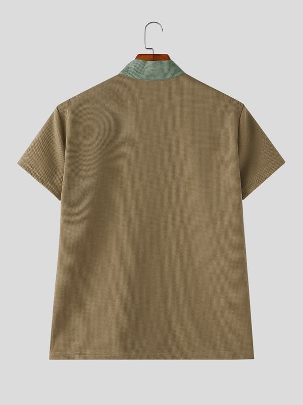 Men's Tactical Techwear Color-Block Half-Zip Stand Collar Waffle Knit Short Sleeve T-shirt SKUL73227