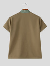 Men's Tactical Techwear Color-Block Half-Zip Stand Collar Waffle Knit Short Sleeve T-shirt SKUL73227
