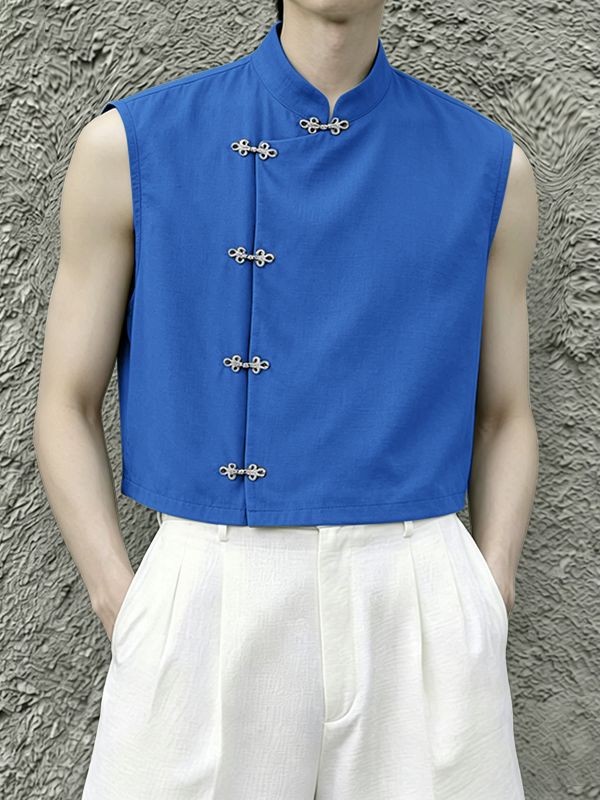 Men's New Chinese Style Side Frog Button Stand Collar Cropped Shirt SKUL60982