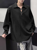 Men's Textured Drawstring Lapel Long Sleeve Shirt SKUL34969