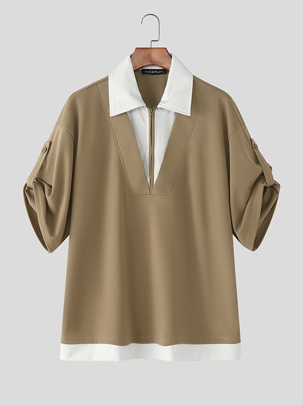 Men's Color Block V Neck Short Sleeve T-Shirt SKUL38892