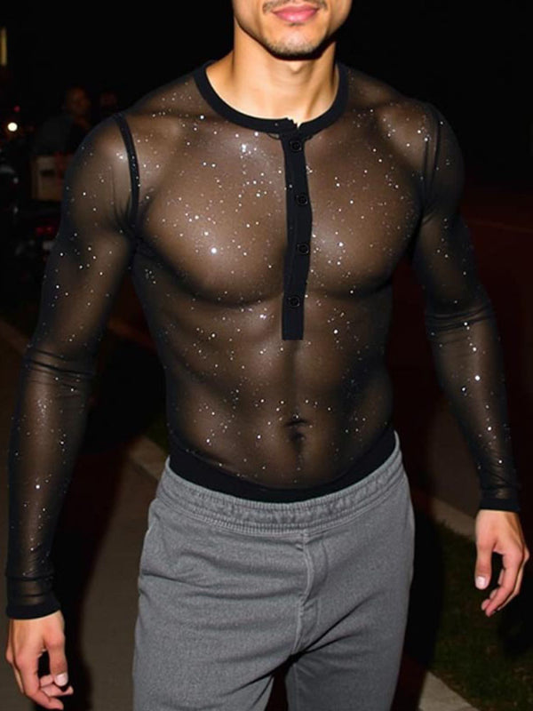 Men's Glitter Sheer Mesh Long Sleeve T-Shirt SKUL02395