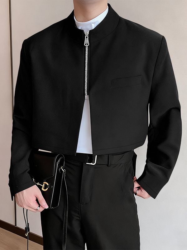 Men's Solid Color Half Zipper Stand Collar Cropped Blazer SKUL51062