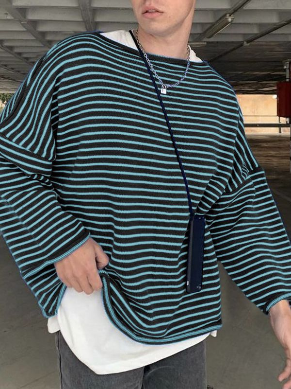 Men's Stripe Knit Loose Long Sleeve T-shirt SKUL43916