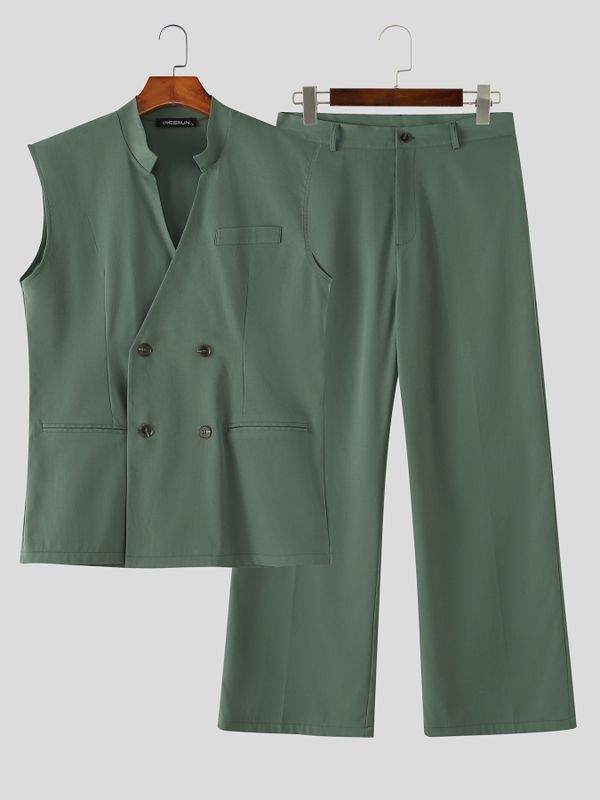Men's Elegant Double-Breasted Stand Collar Two Pieces Outfit SKUL77311