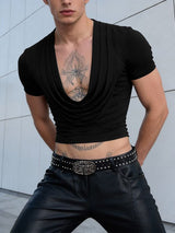 Men's Solid Color Draped Neck Cropped Short Sleeve T-shirt SKUL56615