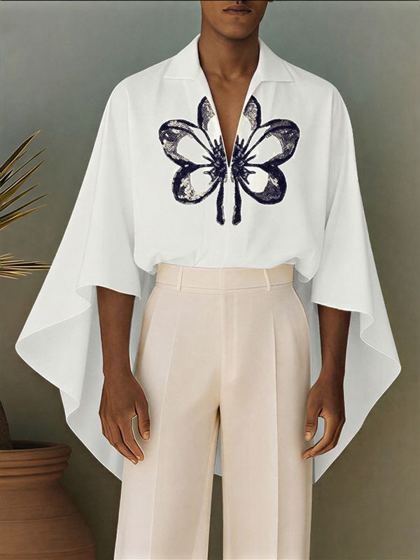 Men's Avant-Garde Butterfly Graphic Deep V-Neck Cape-Style Batwing Sleeve Shirt SKUL66950