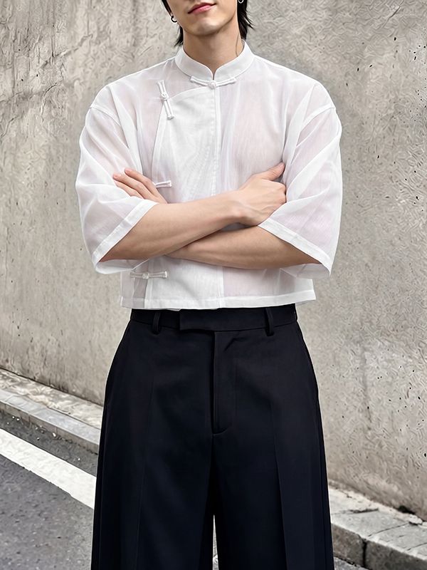 Men's Vintage Modern Chinese Mandarin Collar Sheer Mesh Cropped Frog Button Short Sleeve Shirt SKUL67081