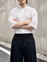 Men's Vintage Modern Chinese Mandarin Collar Sheer Mesh Cropped Frog Button Short Sleeve Shirt SKUL67081