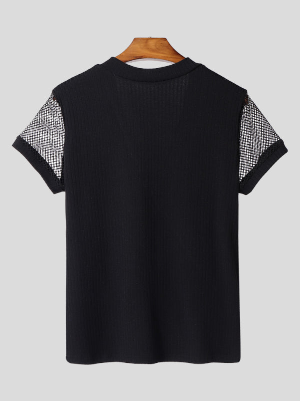 Mens Sheer Mesh Patchwork Knit Short Sleeve T-Shirt SKUL16800