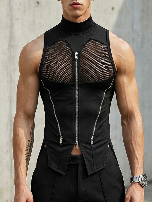 Men's High Street Fashion Mesh Patchwork Multi Zipper Mock Neck High Street Tank SKUL63645