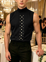 Men's Elegant Avant-Garde Pearl Embellished Mock Neck Sleeveless Tank SKUL63075