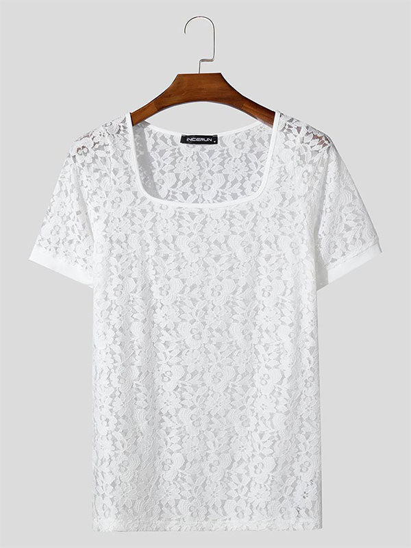 Mens Sheer Lace Square Neck Short Sleeve T-Shirt SKUL07028