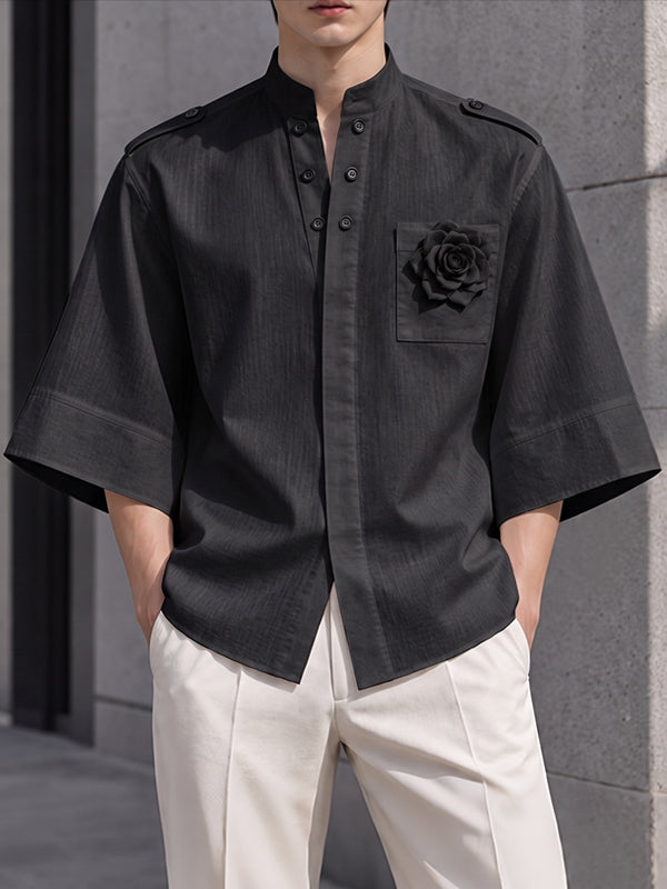 [Pre-order] Men's Zen Minimalist Art Exhibition 3D Flower Stand Collar Epaulet Shirt SKUL88391