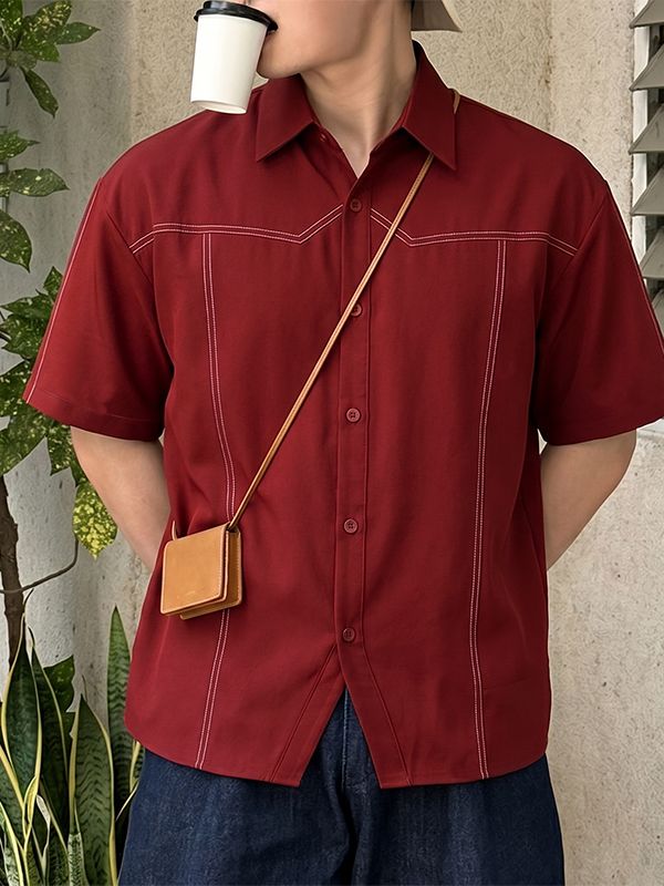 Men's American Vintage Streetwear Contrast Stitching Short Sleeve Shirt SKUL73755