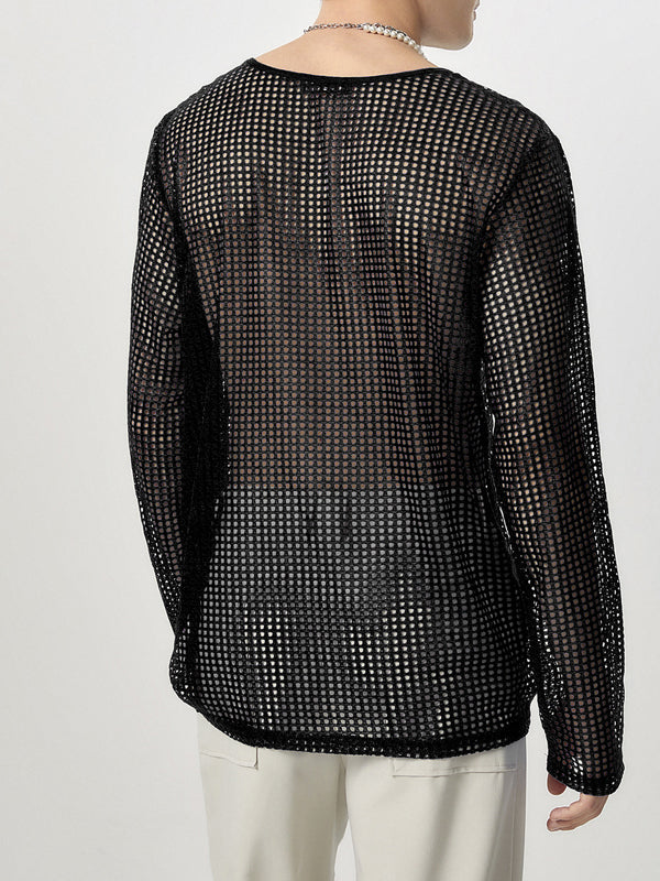 Mens Mesh Hollow-Out Sheer Long-Sleeve T-Shirt SKUK81203