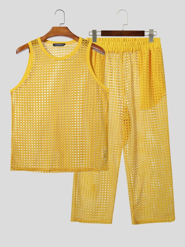 Men's Avant-Garde Geometric Hollow-Out Mesh Two Pieces Outfit SKUL58537