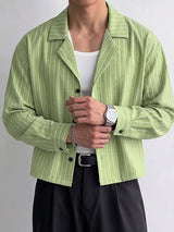 Men's Urban Retro Pinstripe Cuban Collar Boxy Cropped Long Sleeve Shirt SKUL76496
