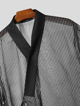 Men's Avant-Garde Sheer Organza Stripe Cross Wrap Tie Side V-Neck Cardigan SKUL62036