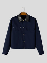 Men's Retro Workwear Daily Commute Contrast Leather Collar Flap Pocket Cropped Jacket SKUL84769